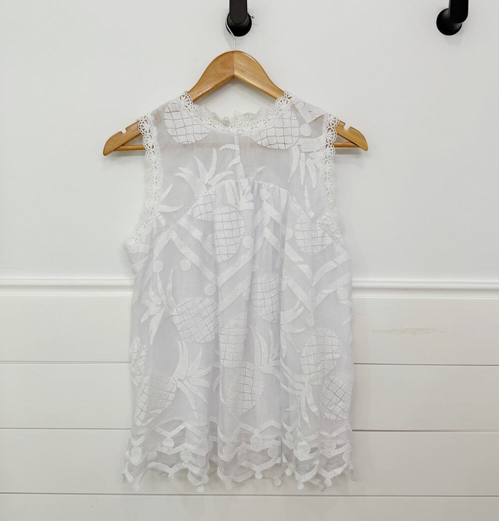 Women’s Anthropologie Maeve White Pineapple Lace Trim Sleeveless Blouse Size 12